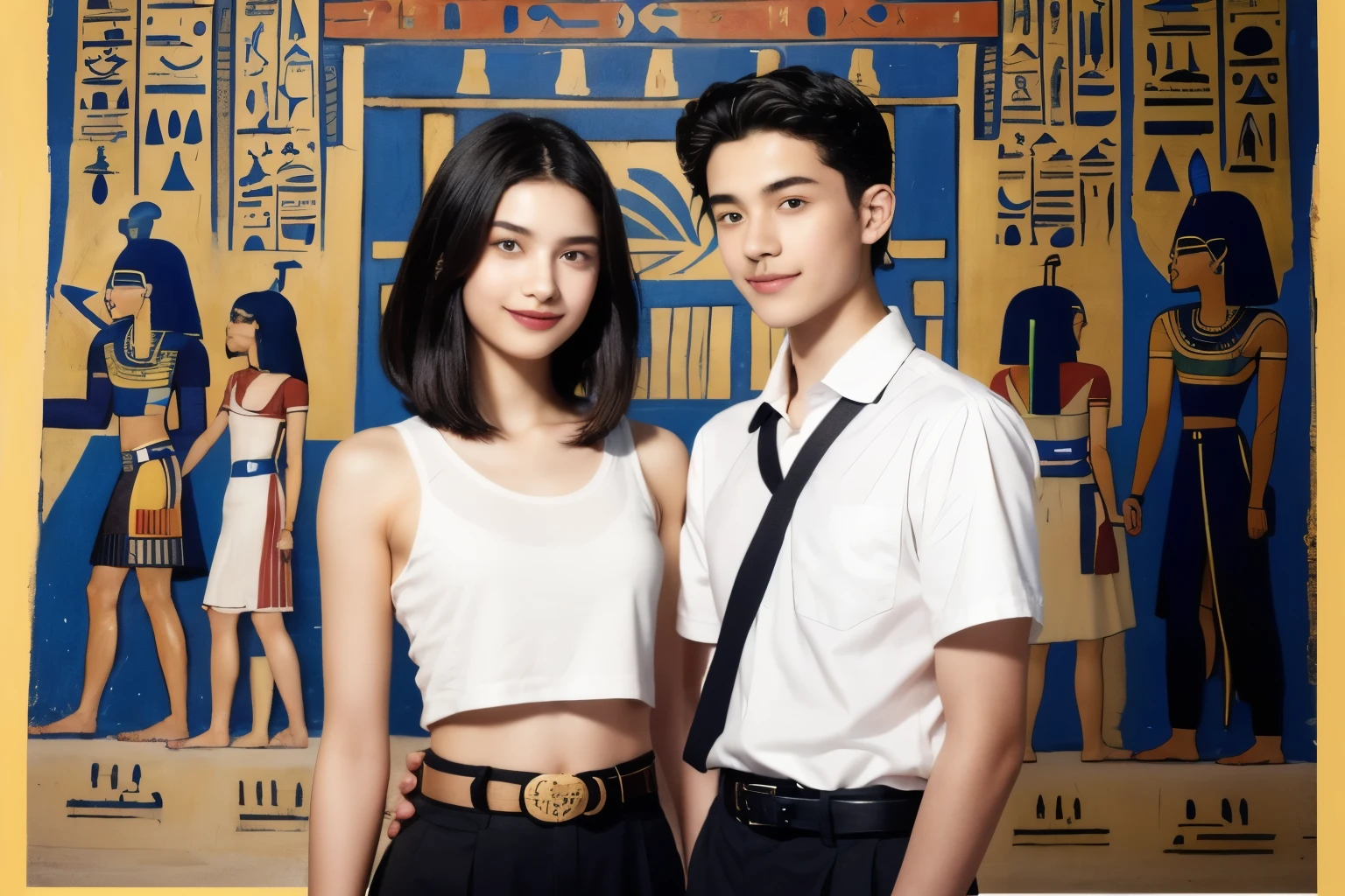 246 (In the mural２people々々々々々々々々), (An 18-year-old female and an 18-year-old male), short hair,kind, lipstick, Egyptian civilization, Waist belt, Hieroglyphics, smile