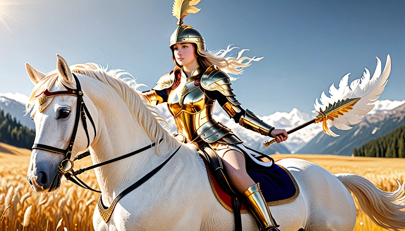 (wallpaper),32k,((Extremely exquisite and beautiful)),(((masterpiece))),(((Best quality))),(((超high resolution))),Realistic shadows,(high resolution),(Smooth and flawless fair skin:1.5),(Pale skin:1.3),A European girl,Extremely delicate facial details,beautiful eyes,(Perfect body:1.1),full body,Golden helmet decorated with feathers,Wearing European-style uniform,Holding a glowing spear and shield,Riding a white horse