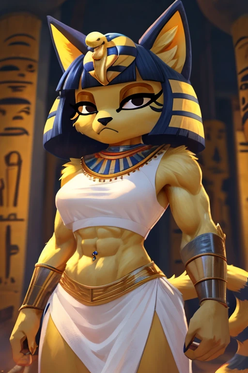 ((best quality)), ((masterpiece)), (detailed),  digital artwork of a  yellow cat ankha with abs wearing a crop top of her white sleeveless dress with white long dress skirt, a bare midriff and a bare navel, , Egyptian setting, anthro, furry style, tail, she looks snobbish, sideview navel piercing,  blue Egyptian handbands