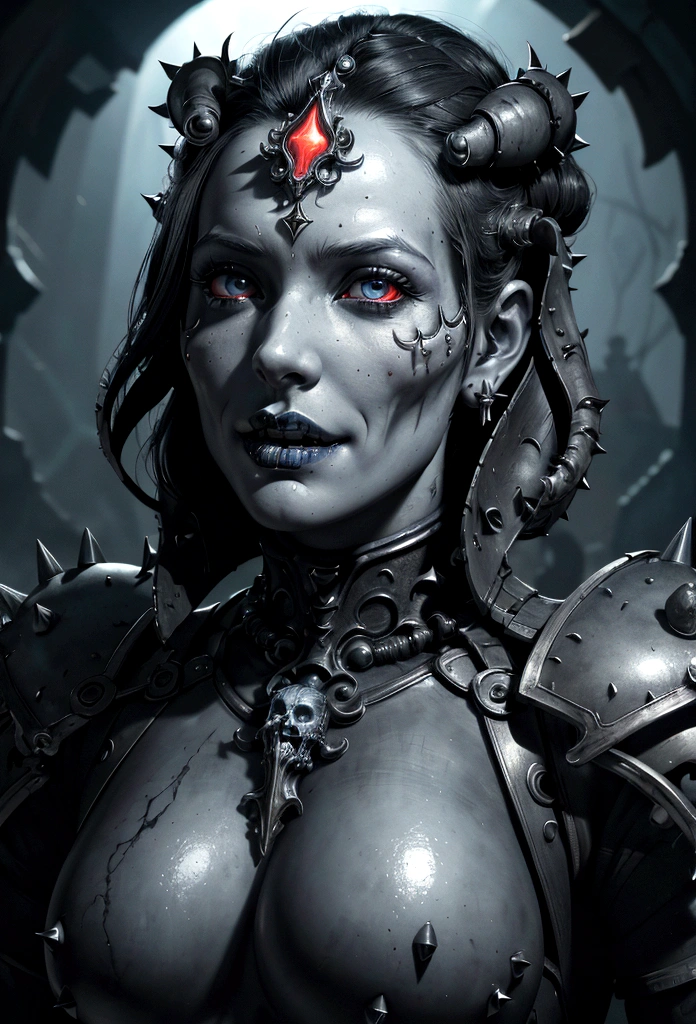 a gorgeous adepta sororitas from the movie tron, glowing skull armor, spikes, teeth, monster, dirty tentacles, pus pimples, cracked truenurgle, detailed face and eyes, beautiful lips, extremely detailed, 1girl, oil painting, concept art, dark fantasy, cinematic lighting, dramatic shadows, vibrant colors, moody atmosphere, hyper detailed, 8k, photorealistic
