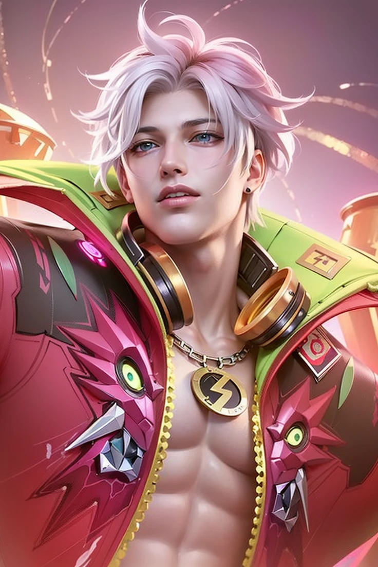 masculine male, masterpiece, ((perfect eyes)) best quality, (semirealism:1.9), beautiful lighting, (extremely detailed CG unity 4k fhd wallpaper), High Detail, Sharp focus, dramatic outdoors, 1 boy ,19 years old, white hair, light purpel eyes, smile.