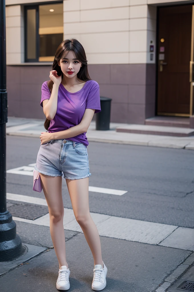 A very cute girl, solo, young, wearing purple t-short and short pants, big breasts, white and smooth skin, standing, full body, red lip, realistic face