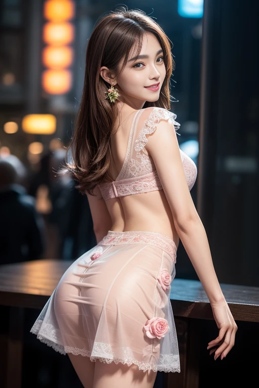 8K, table top, raw image, best quality, realistic, วอลล์เปเปอร์ CG Unity 8K ที่มีรายละเอียดสูง, depth of field, Cinema-grade lighting, lens flare, Ray tracing, (very beautiful face, beautiful lips, beautiful eyes), A face with intricate details, ((Ultra-detailed skin)) 1 girl comes in, in the dark, deep shadow, beautiful korean girl, kpop idols, 1 woman, (Very slim and slender fit muscular body:1.3), ((look at viewer)),(Big smile:1.3), (midnight, dark night, (neon sign), (blurred background), The light is dim.), (There is no one behind.:1.3), Beautiful earrings, bangle, necklace, tights, clear eyes, walking place , front shot, (Pale skin), (Big eyes), Facing forward, (full body shot), (brown hair), Open the navel, (look at viewer:1.3), Very slim, Medium bust, (), thick thighs, return, (Flowy mini dress), ((Cute pink lace long skirt dress. rose flower pattern)), (tight skirt), ((Retrace your steps, shoot back)), ultra , Expose your ass, Top shot，(สวมtightsตาข่ายปลา），