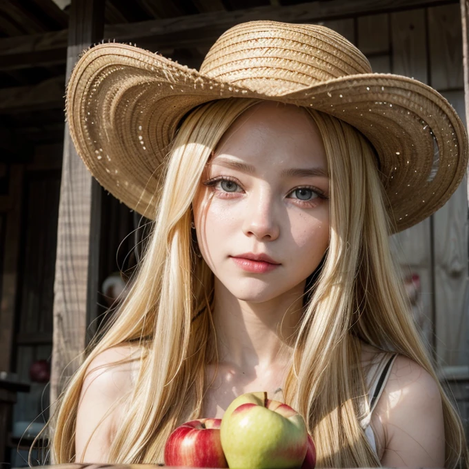 Woman, long yellow hair, cowboy hat, apples on her eyes, blood on her face