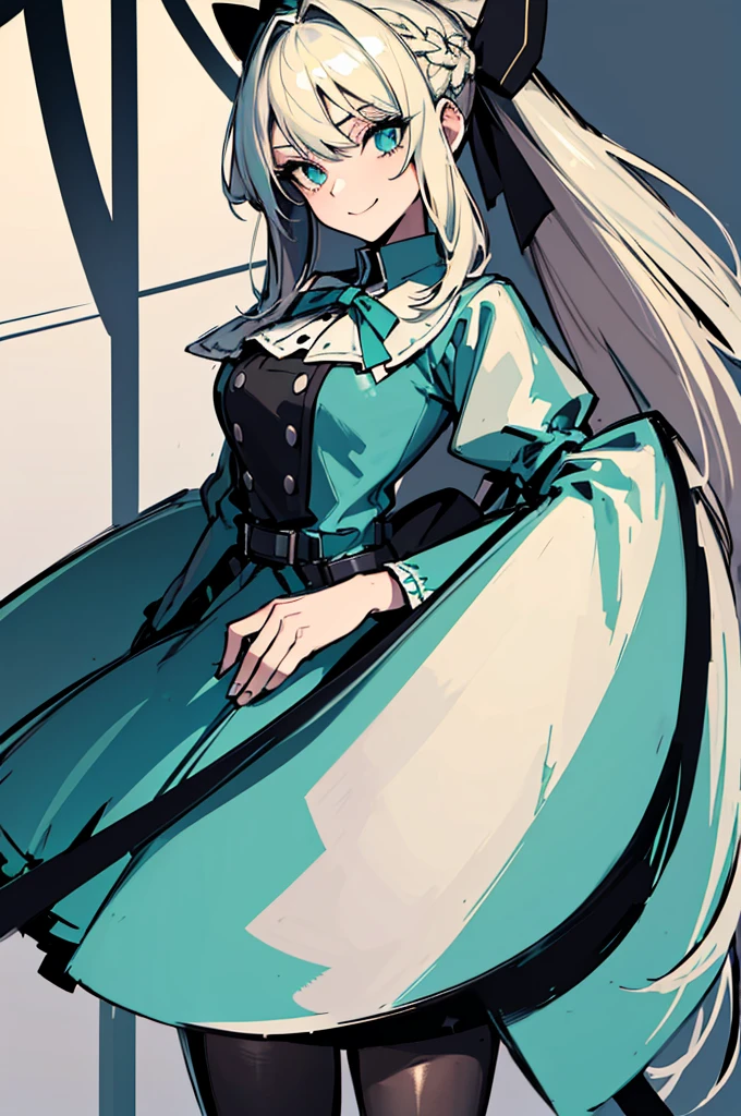 (absurdres, 8k, 4k, masterpiece, hyper extreme detailed:1.2), solo, 1girl, side view portrait, best quality, expressive eyes, perfect face, 1girl, portrait, solo, Female, mature female, adult, light smile, dress, long hair, straight hair, drawing, swept bangs, cowboy shot, half body, teal eyes, blonde hair, expressive eyes, perfect eyes, medium bust, light smile, knee-length platinum blonde hair, braided, green-black hair ribbon flecked with diamonds, dark teal dress with a white collar, puffed sleeves, and belt, large red ribbon with a blue jewel trimmed with silver on the chest, pale bracelet on left wrist, pantyhose, fair skin,
