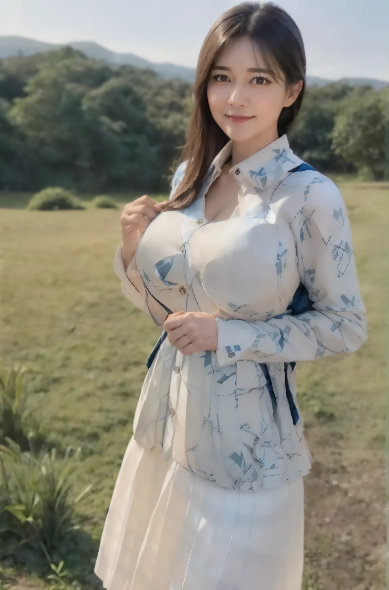 marian rivera,((White collar shirt、Light blue plaid pleated skirt:1.4)、foot, enchanting smile, closed clothes, polite attire, The face of beauty , Because I&#39;m slender , abs:1.4, 30 years old, ((1 girl, alone)), ((full body)), ((huge breasts:1.3)), Breastfeeding A. to, (K, Raw photo, highest quality, Masterpiece 11.4), (realistic, photo-realistic:1.37), (micro:1.4), exposed , ((diamond necKlace)), earrings, glamorous, white sKin, ((in a luxurious hall), looK at viewers, thick brunette hair, long hair, (lit), dynamic pose, (), ((beautiful eyes), erotic, HDR, very detailed, ambient occlusion, nature, harmonious composition, fine art photography, beauty , excellent anatomy, exposed detail