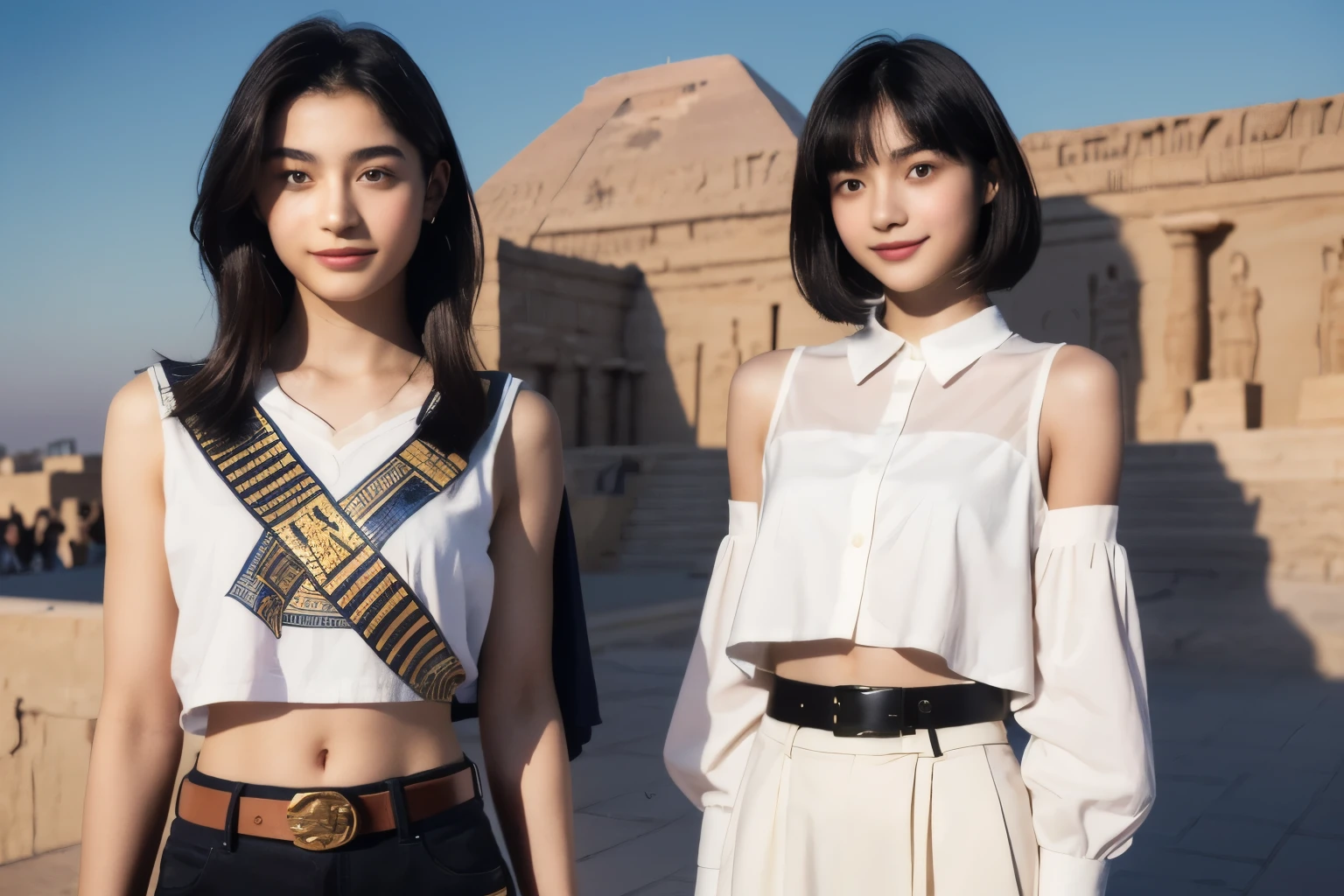 246 (In the mural2people々々々々々々々々), (An 18-year-old female and an 18-year-old male), short hair,kind, lipstick, Egyptian civilization, Waist belt, Hieroglyphics, smile