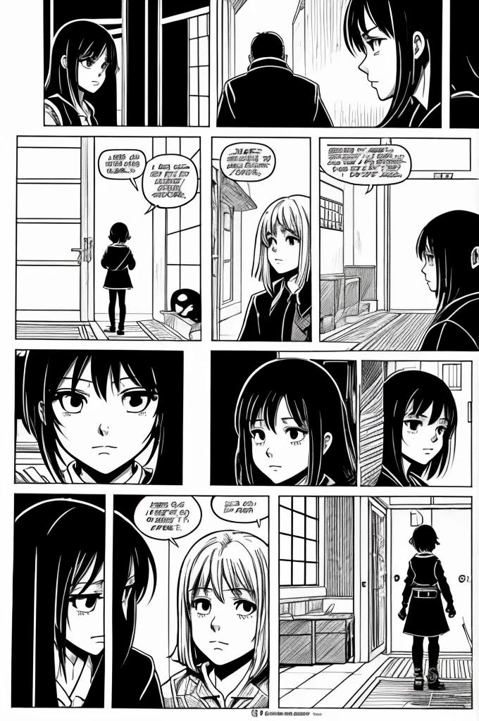 Comic storyboard:1.8, comic strip, text in Spanish,draw the story of a girl who is in a very quiet room, who out of nowhere hears a noise and goes out to investigate, but behind her appears a person just like her but with a slightly gloomy appearance., the girl notices the presence and gets scared, runs away, the girl trips over something slimy black, that thing absorbs it and its clone takes its place. draw the cover of this story, japanese anime manga, hiperHD, 24K UHD, anime looks.