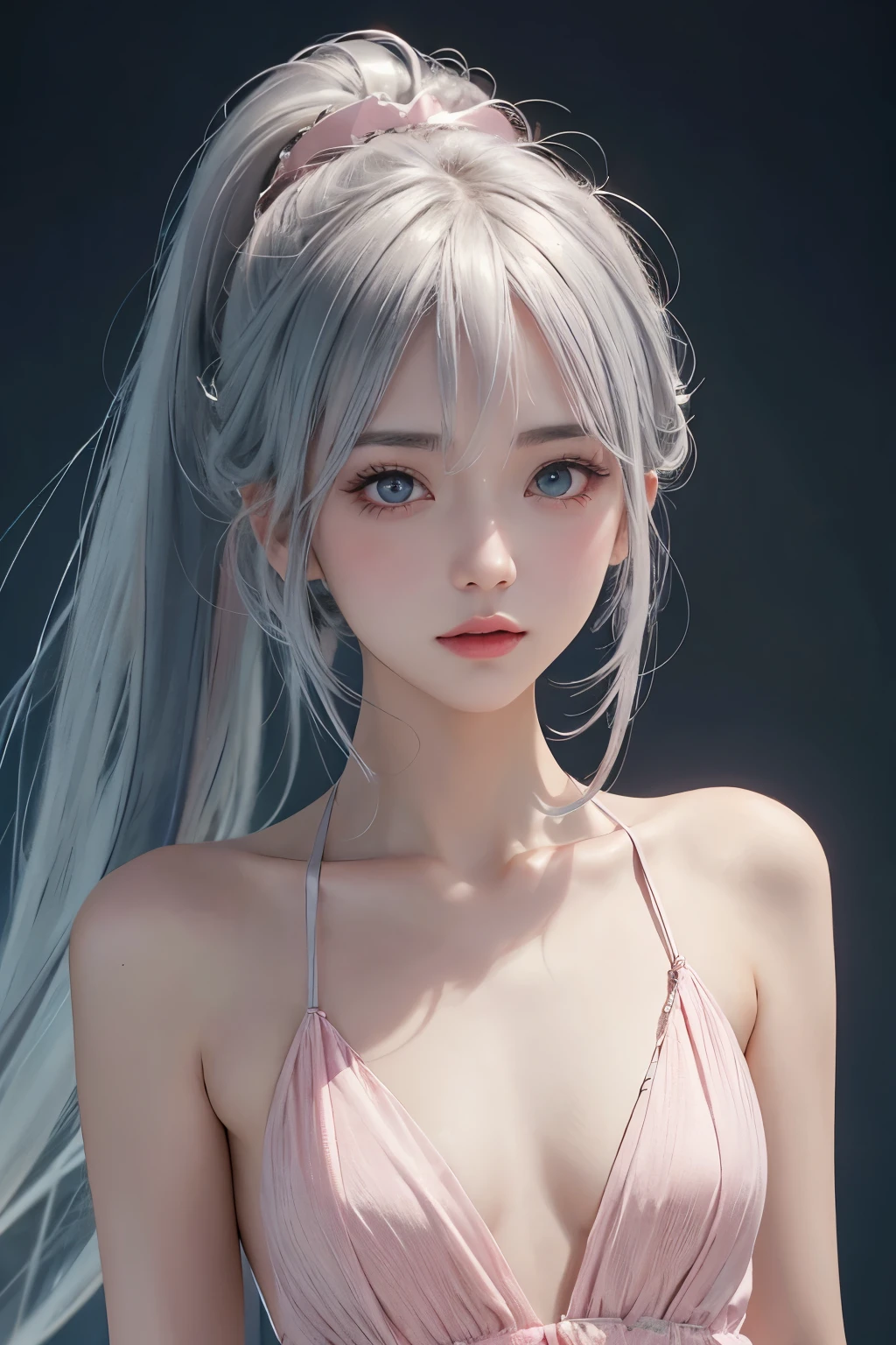 longeyelashes, small Eyes,Ponytail, pink Silver hair, gray colored contact lenses, surrealism, anaglyph, stereograms, POV, Atmospheric perspective, 16K, Super Detail, ccurate, Best Quality,The shoulders have exposed skin,Very thin,Very small bust, Very thin waist,Other Dimensional Planet,A strong-willed beautiful girl,Semi-nude,The most beautiful face,A beautiful girl,