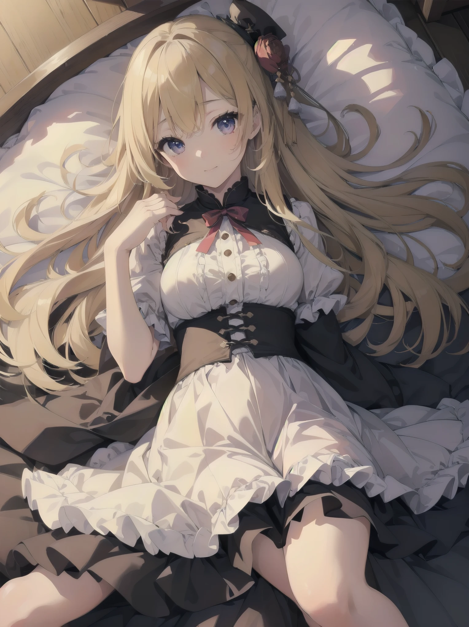 ((傑作 Highest quality:1.4)), ((Tabletop, Highest quality)), (8K quality), (Detailed Background:1.3), (Detailed face:1.3), (Cute Teenage Girls, alone),Beautiful portrait、Delicate body、Frilled blouse,Long Check Skirt,Vintage, Long blonde hair,Cinematic Light,A small smile,Tilt your head、Lying in a fluffy bed、sunlight、Shaking breasts、、、((She  wide to show her ))、Flip Skirt、High class clothing、Rainbow glow, Beautiful sparkle,