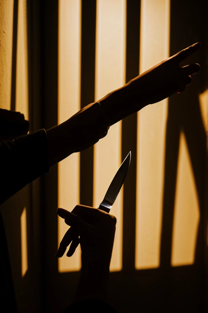 A hand in the shadows holding a knife reaching towards the light 