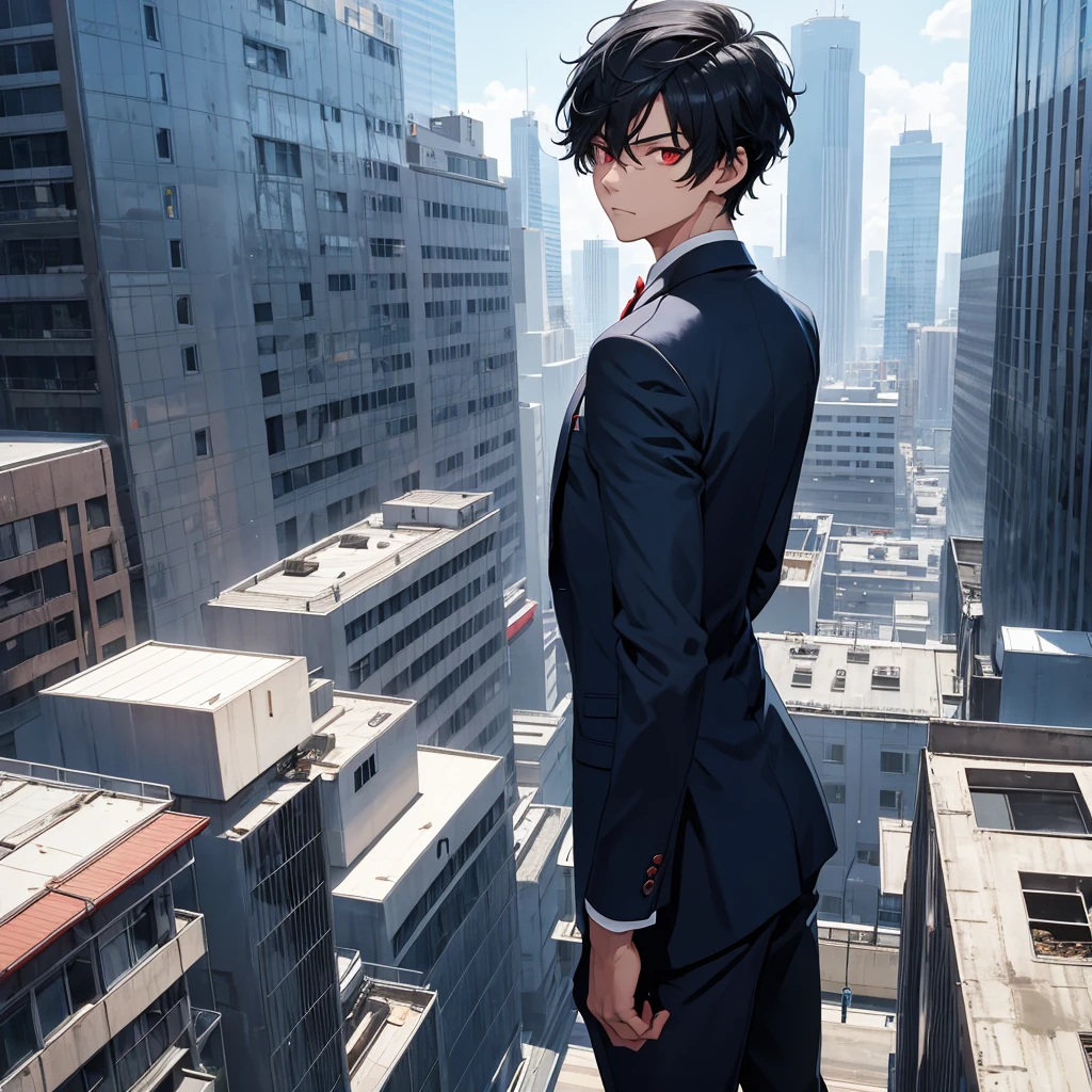 1boy, short black hair, red eyes, wearing all blue suits, on top of a building, high res, ultrasharp, 8k, masterpiece, looking at viewer