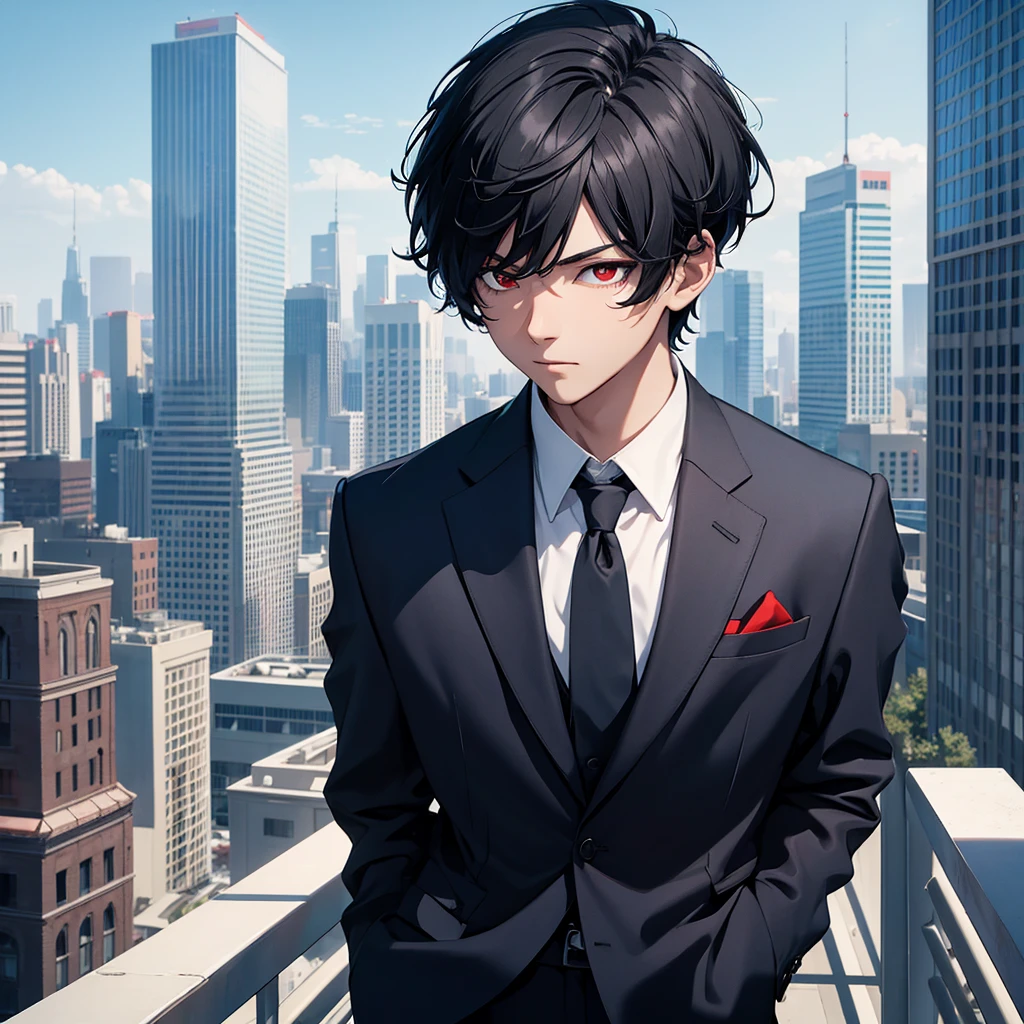 1boy, short black hair, red eyes, wearing all blue suits, on top of a building, high res, ultrasharp, 8k, masterpiece, looking at viewer from behind