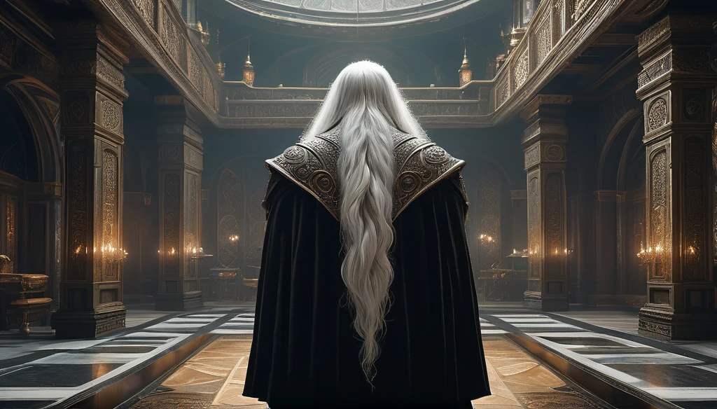 Create a compelling scene depicting the back view of an elderly dwarf with long, white hair standing in a grand hall. The focus should be on capturing the dwarf's rugged appearance and the ornate details of the hall, reflecting a rich fantasy world. Ensure the composition emphasizes the dwarf's stature and the atmosphere of age and wisdom