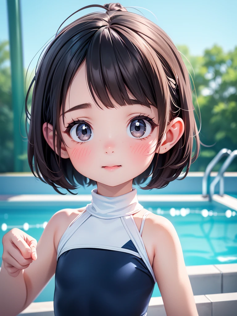 Highest quality、High resolution、Detailed Background、(Beautiful face in every detail:1.4)、Anatomically correct、(Detailed facial expressions)、(Fine grain:1.2)、Teenage Beauty、Cute hair colour、Braided bob cut、((armpit)),　Junior competitive swimmer, ((Turtleneck one-piece swimsuit)), Simple design without patterns, Clear sapphire glass swimsuit, Small breasts、Perfect body line、((Full body shot)), View your viewers, Poolside, Wet Skin, School swimming pool、 I&#39;m tired from practice and a little sleepy., Shy laugh, Gentle smile、Hands behind the body,  Fun atmosphere、Cute gestures、