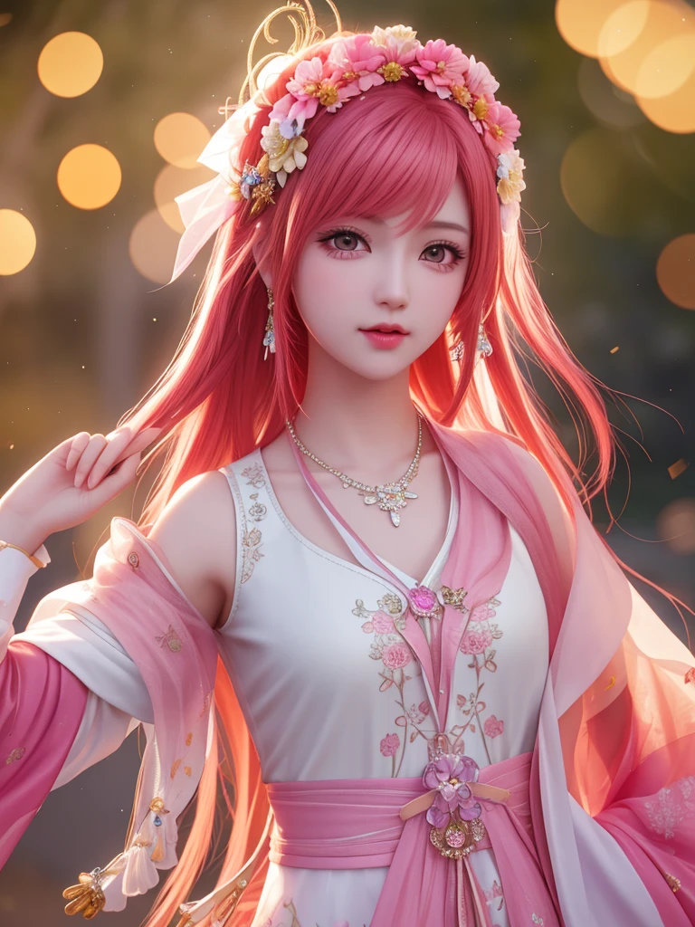 best quality, masterpiece, High target, There is a girl with a basket of flowers on her head, beautiful clothes, Hair Decorationss, necklace, Decorations, Pretty Face, When the body, Tyndall effect, Realistic Portraits, Edge lighting, Two-color light, (Very delicate skin:1.2), 8K uhd, Digital SLR Camera, Soft Light, high quality, Volumetric Lighting, Honest, photo, high resolution, 4K, 8K, Bokeh,Fuchsia hair,Orange hair tips, Pink Eyes.