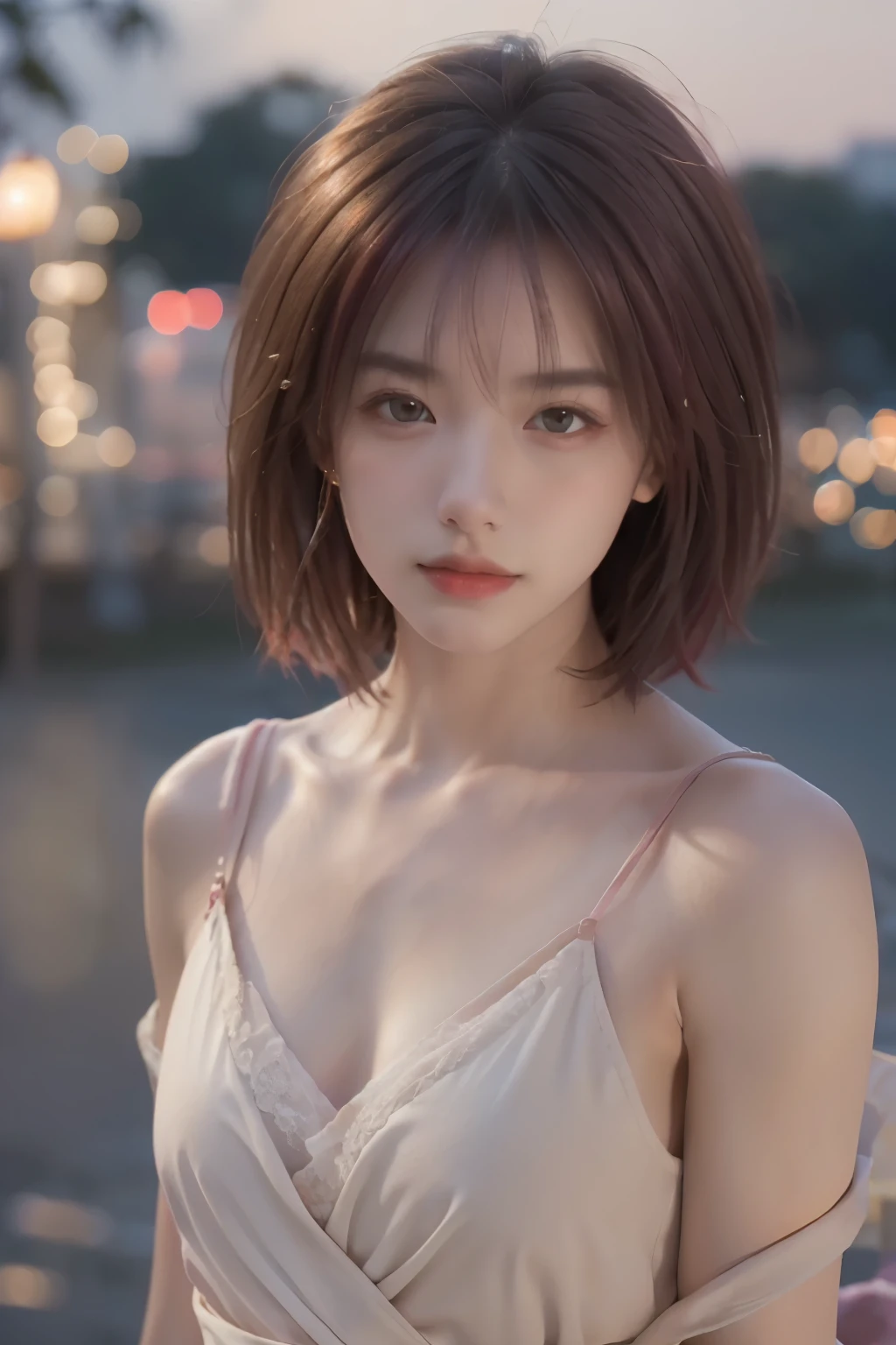 (Photoreal:1.4,RAW shooting,)最high quality, masterpiece, 超High resolution, (realistic:1.4), Raw photo, 1 girl,, short hair,, (masterpiece, 最high quality, high quality, High resolution, Super detailed),pink hair、(Night lights:1.4),Beautiful and slim style,Her chest is almost flat,The waist is very thin,