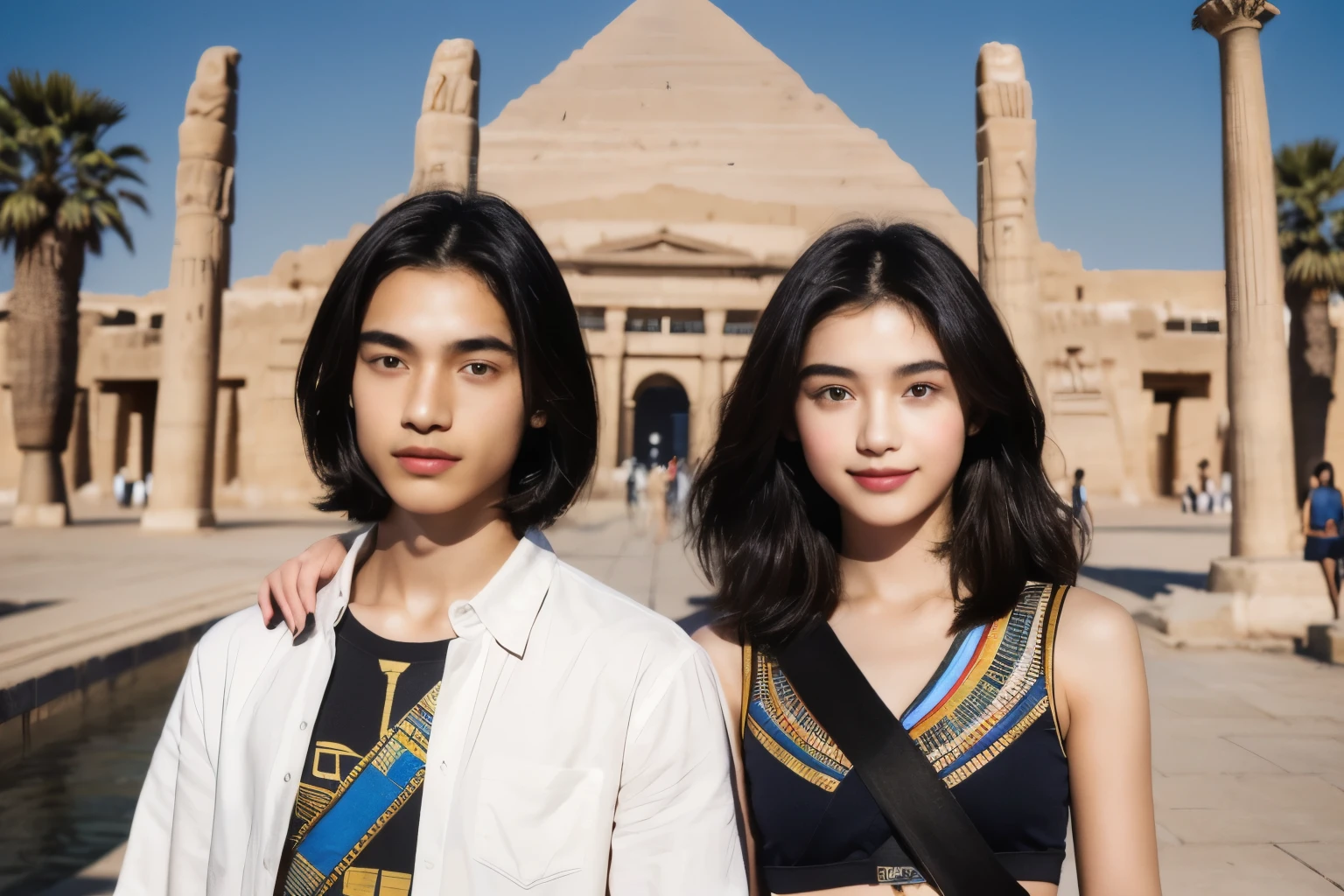 246 (In the mural２people々々々々々々々々), (An 18-year-old female and an 18-year-old male), short hair,kind, lipstick, Egyptian civilization, Waist belt, Hieroglyphics, smile