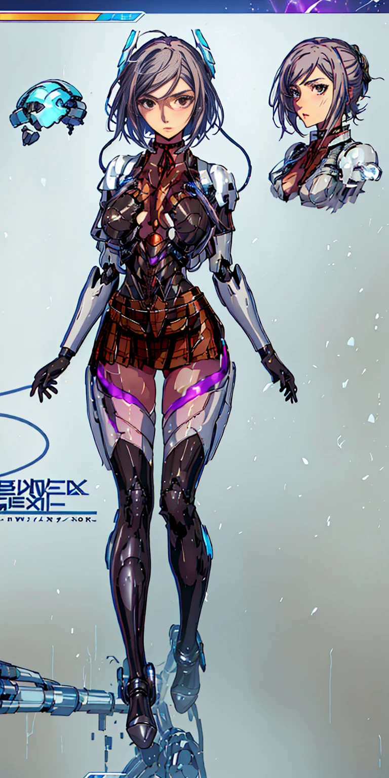 Futuristic body、Head and arms of anime characters, Girl in mecha network armor, beautiful girl, perfect anime woman, Technology for body and legs,  Female body, Female Mecha, Translucent body，Biological laboratory background，school uniform, black thighhighs, plaid skirt, knee boots, ribbon choker, brown jacket