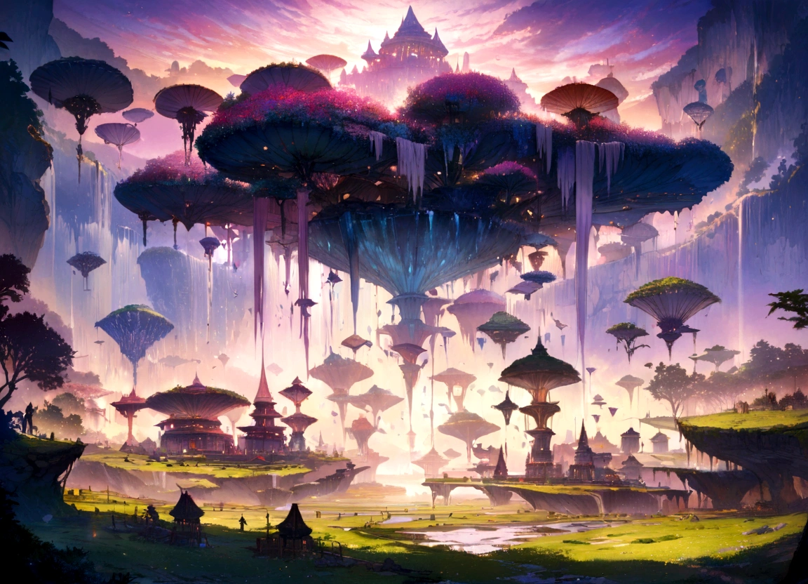 bell_field,bell,((masterpiece)),((best quality)),8K,High Detail,Extremely detailed,illustration,Concept Art,fantasy,A floating island,candy trees,Porcelain house, (floating waterfalls:1.1),(Floating islands in the sky:1.2),Magical Creatures,capturing the otherworldly beauty of a floating fantasy field