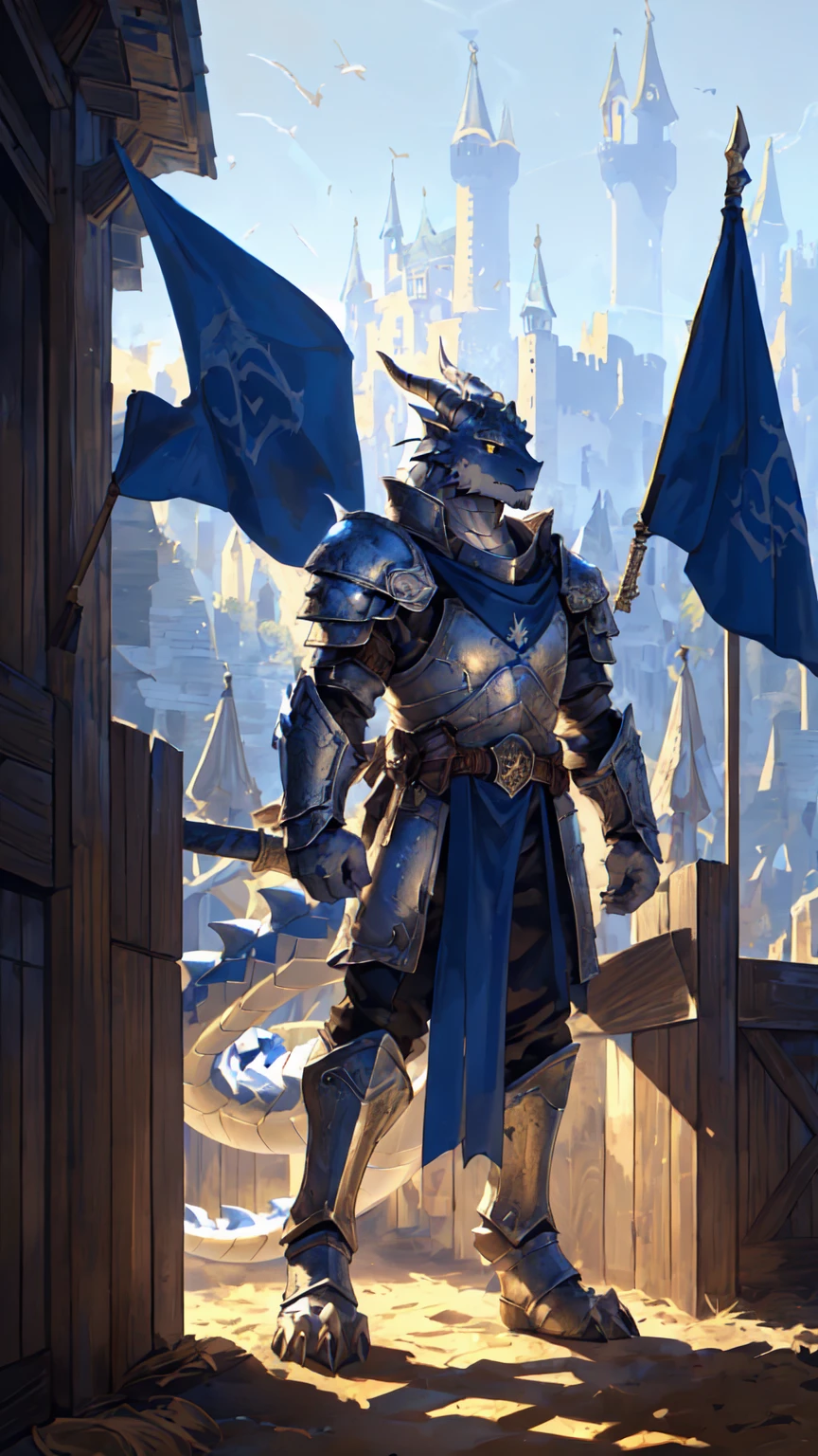 ((middle Ages:1.6，Castle Background:1.4))，((Cruz:1.6))，Sunlight，high resolution，4K，gay，(((whole body:1.1)))，masterpiece，high quality，Calm and composed，((dragon))，male，dragonFurry，(teenager:1.3)，hairy，((stable，Handsome face:1.4))，((peaceful))，((Holding a long sword:1.3))，(((Strong:1.4，Long legs:1.3，Thick dragon tail:1.2)))，(((Gray heads:1.2，Golden pupils:1.2，White Neck:1.3，Gray back of hands:1.4，White Skin:1.3)))，(((White Armor:1.3，There is a blue flag on the armor:1.4)))，Mature face，Exquisite eyes，Detailed body，Detailed hands，Detailed feet，Kenket&#39;s Art，Strike a pose:1.3