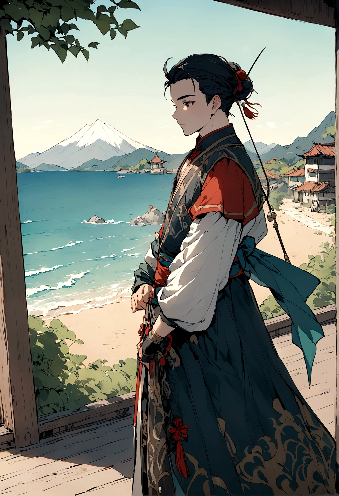 一个young的少年，Old clothes，Fisherman Dress Up，young，Standing on the beach，The background is a small fishing village，The boy looks at the sea and mountains in the distance，Chinese style，Immortal World，Xianxia World，((nobody))