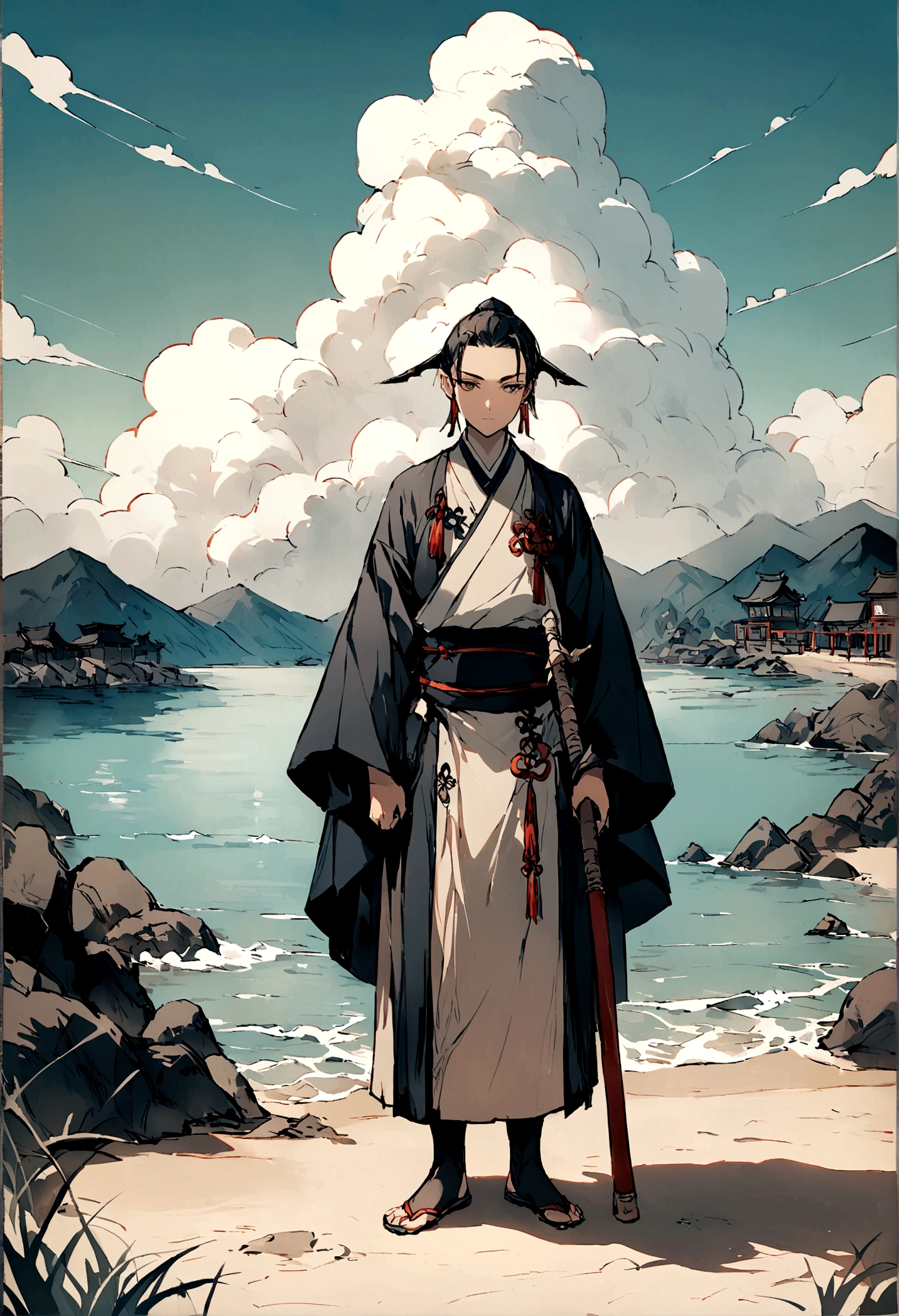 一个young的少年,Old clothes,Fisherman Dress Up,young,Standing on the beach,The background is a small fishing village,The boy looks at the sea and mountains in the distance,Chinese style,Immortal World,Xianxia World,((nobody))