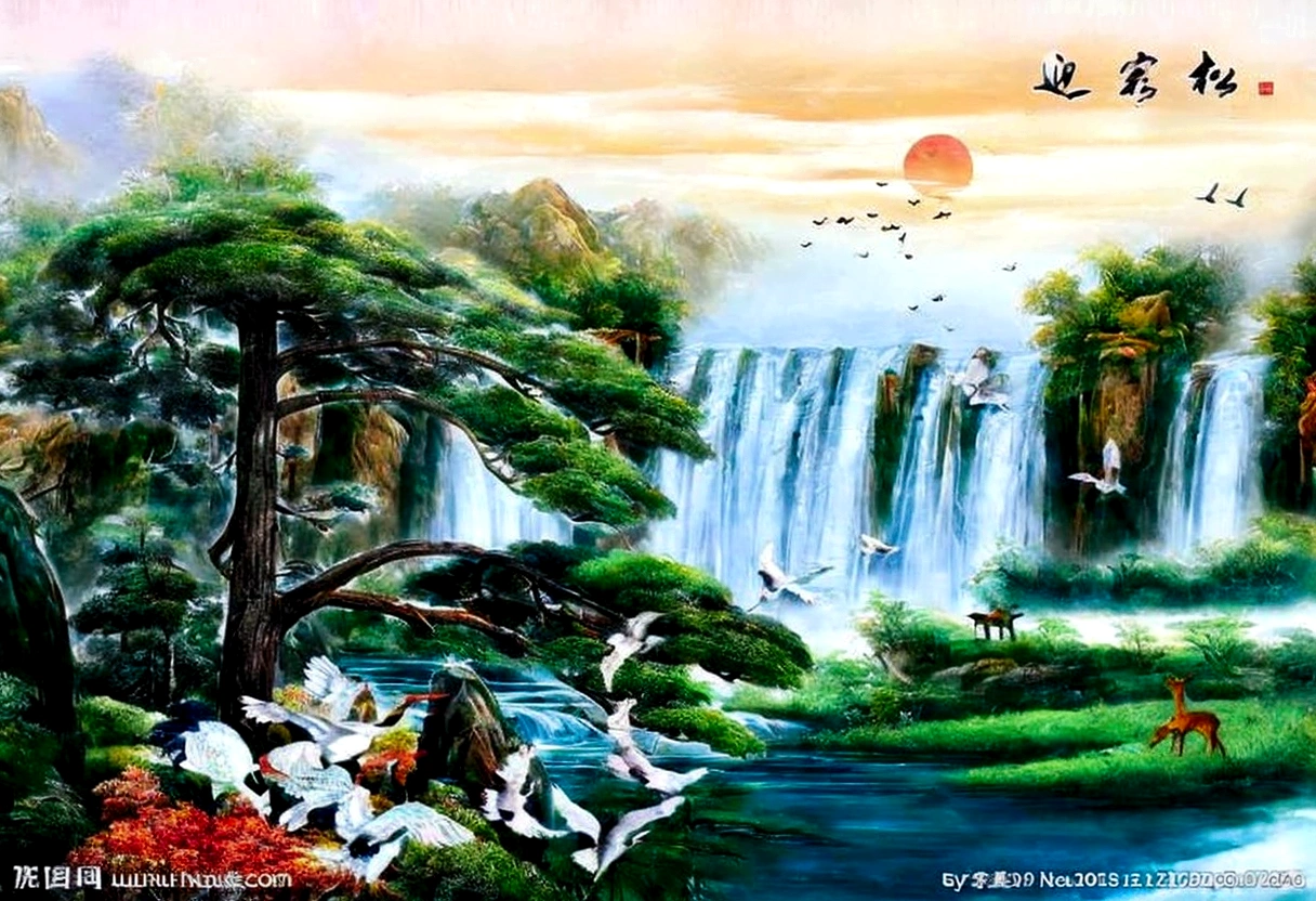 painting of a waterfall with birds and a deer in the foreground, nature painting, scenery artwork, anime nature wallpap, chinese painting style, a beautiful artwork illustration, detailed scenery —width 672, dream scenery art, anime nature, beautiful wallpaper, chinese style painting, scenery art detailed, beautiful digital art, nature wallpaper, very beautiful digital art, really beautiful nature