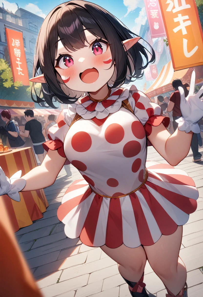 1girl, :D, standing, black elf shoes, white clown clothes, pink polka-dot, pink cheeks, clown makeup, short sleeves, white gloves, natural breasts, chubby cheeks, black hair, short hair, city festival, masterpiece quality, ultra HD, 4K, best quality,