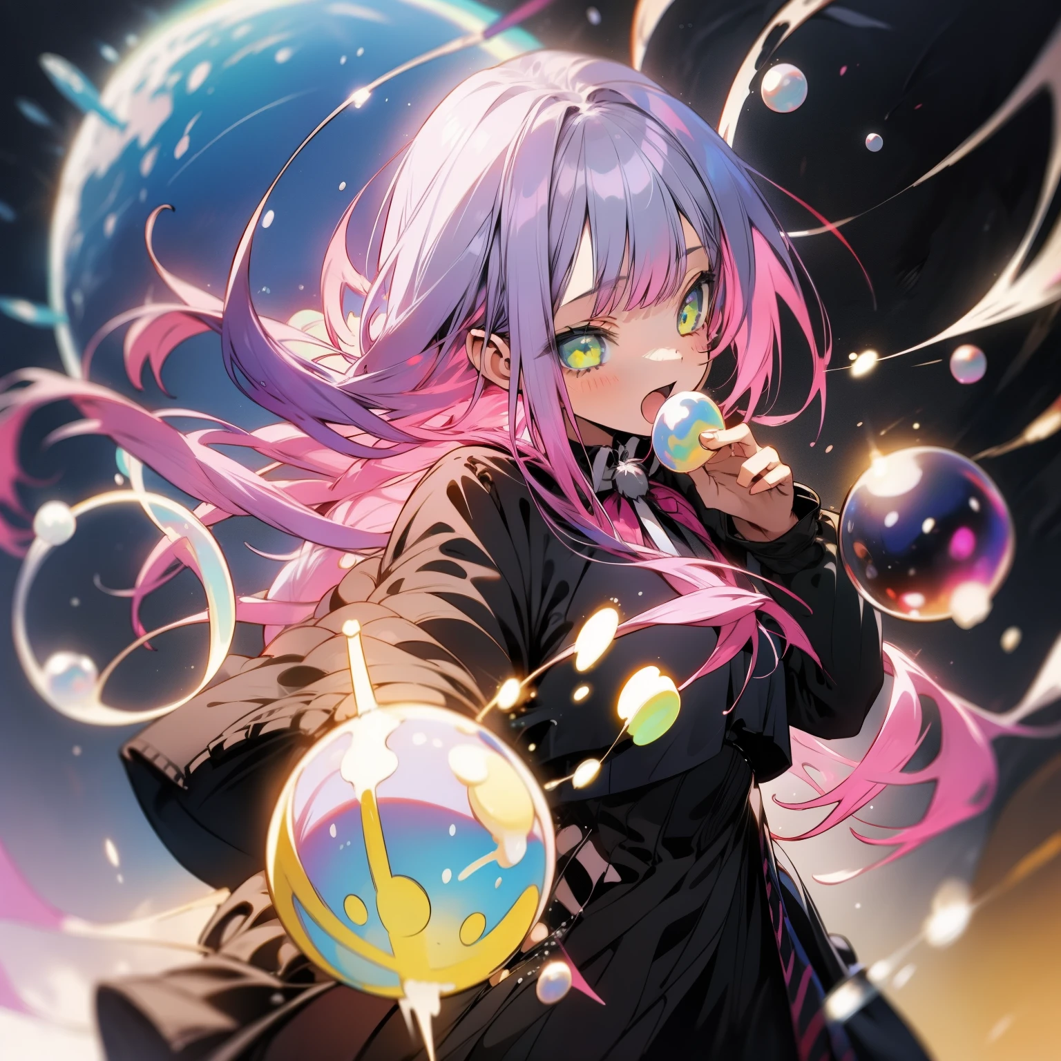 a girl, color blast, bubbles, orbs, pops, aurora, midnight, sky, gothic