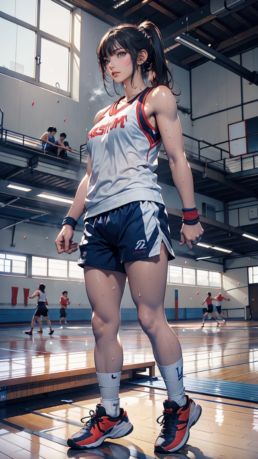 Japanese 、Inside the high school gym、Gym clothes、Indoor shoes、summer、Sweaty、Sweat makes gym clothes see-through、Wristband、Play Basketball、Sweat splashing