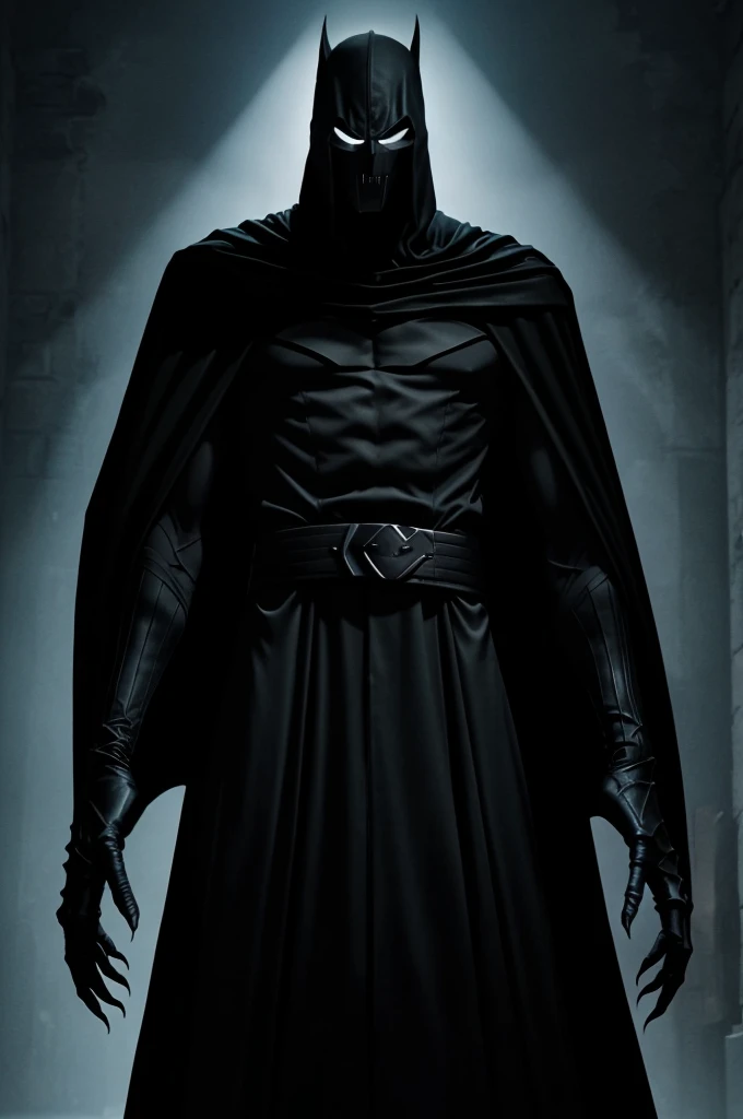 Tall and slim with an imposing and menacing figure.
He wears a black cape that appears to be made of living shadows..
His face is hidden by a featureless mask, with eyes that glow a sinister red.
His hands are skeletal, with long, sharp fingers that look like claws in undertale style