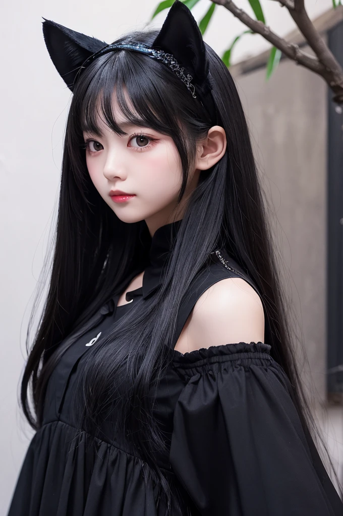 girl。Black straight long hair。Black cat ears。eyes are dark blue。The clothes are black。Holding a fruit。