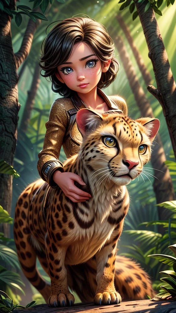 a young girl riding on a cheetah, beautiful detailed eyes, beautiful detailed lips, extremely detailed eyes and face, long eyelashes, cheetah, forest, sunlight, cinematic lighting, fantasy, digital art, highly detailed, 8k, hyper realistic, photorealistic, vibrant colors, dramatic lighting
