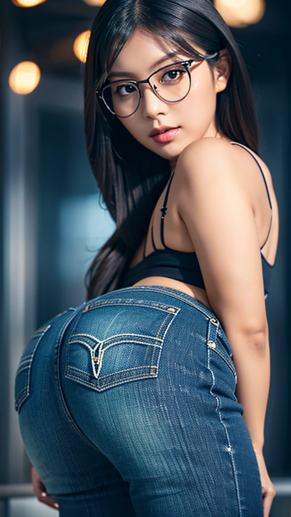 a cute young asian girl with dark skin, glasses, beautiful detailed eyes, beautiful detailed lips, extremely detailed face, long eyelashes, tight blue jeans, tight crop top, mid sized butt, high heels, looking at camera, detailed background, cinematic lighting, warm colors, photorealistic, 8k, high quality, digital art