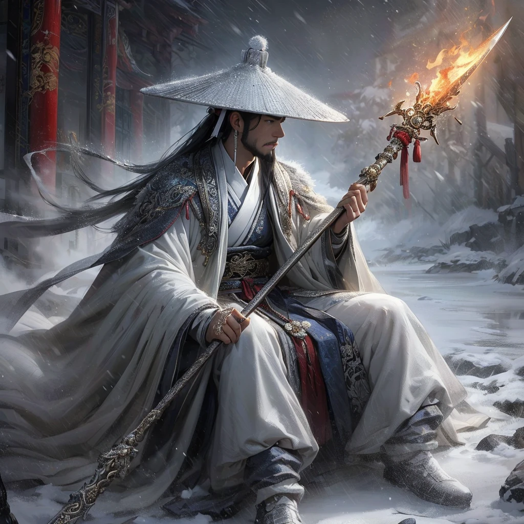 (Masterpiece:1.2), (Best Quality:1.2), (high resolution:1.2), (beautiful face and eye:1.2), (sharpest focus:1.2), (Ultra-realistic Photo:1.2), (Ultra-precise Photo:1.2), (Depth of field:1.2), (perfect :1.2), (nice hands:1.2), 
(perfect hands:1.2), (five fingers:1.2), (Young, fearless, beautiful, shady Chinese man:1.0), (Lonely Chinese warrior with spear:1.0), (Neatly trimmed short beard and tied hair:1.0), (Blazing Chinese period drama style fortress:1.0), 
(long spear with serpentine blade and ornate decoration:1.0), (white tsubakuhiro cap and cloak:1.0), (white armor with red, blue, and yellow coloring:1.0), (snowstorm:1.0), (melancholy expression:1.0), (picturesque standing figure:1.0),