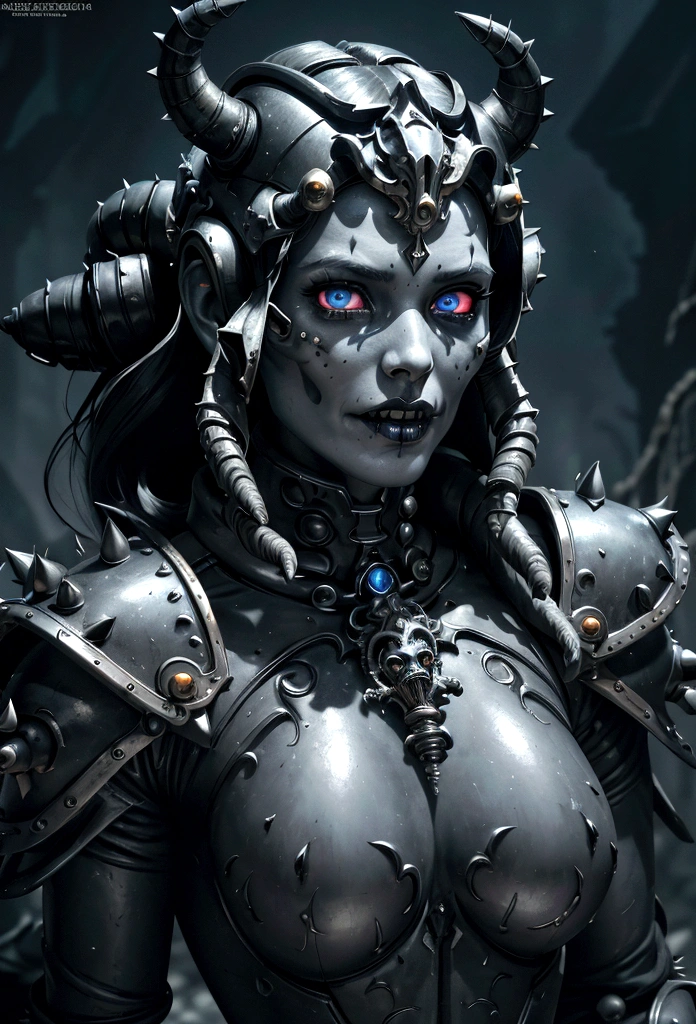 a gorgeous adepta sororitas from the movie tron, glowing skull armor, spikes, teeth, monster, dirty tentacles, pus pimples, cracked truenurgle, detailed face and eyes, beautiful lips, extremely detailed, 1girl, oil painting, concept art, dark fantasy, cinematic lighting, dramatic shadows, vibrant colors, moody atmosphere, hyper detailed, 8k, photorealistic
