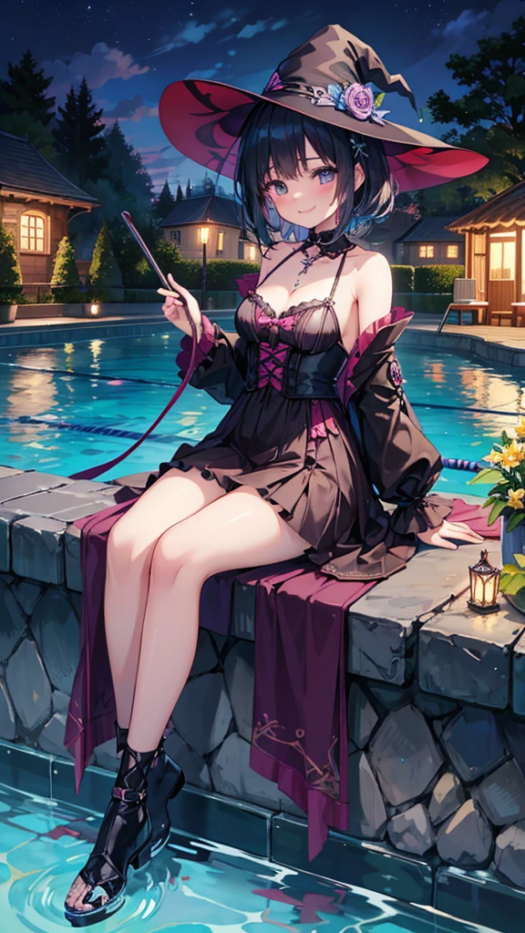 7 years old、four beautiful girls、gothic、witch, happy smile、beautiful background, (river, swimming pool and fantasy), four girls, masturbating while showing their vaginas until urine comes out