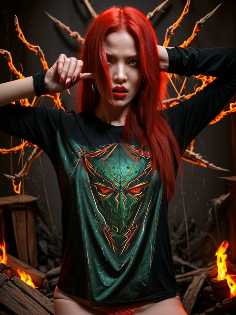 ((Highly detailed 1.3) A wicked woman, malignant, with flaming red hair, Scorpion, Agape Mouth, Fierce desire for blood. A young woman with fierce eyes, long legs,sign of Scorpio, T-shirt and panties.