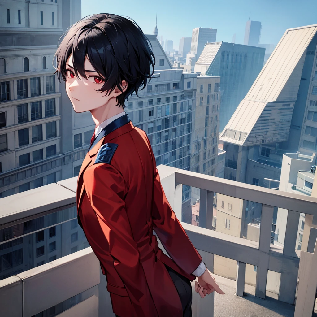 1boy, short black hair, red eyes, wearing all blue suits, on top of a building, high res, ultrasharp, 8k, masterpiece, looking at viewer from behind
