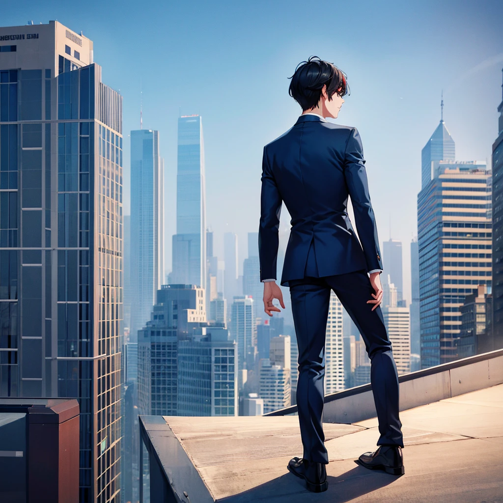 1boy, short black hair, red eyes, wearing all blue suits, on top of a building, high res, ultrasharp, 8k, masterpiece, looking at viewer from behind