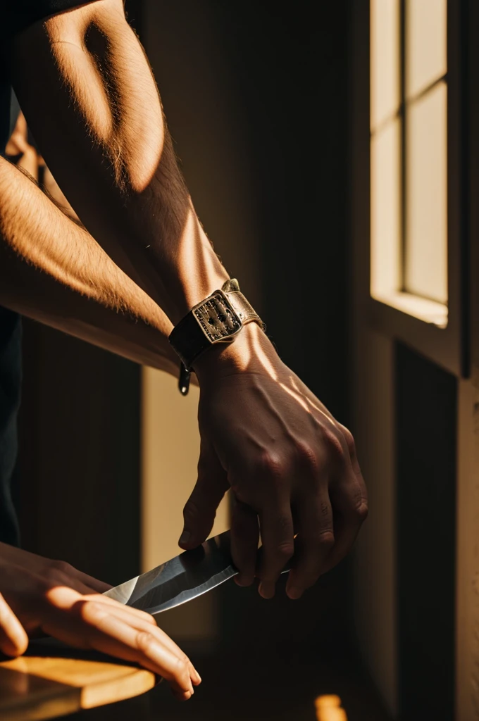 A hand holding a knife leans towards the light 