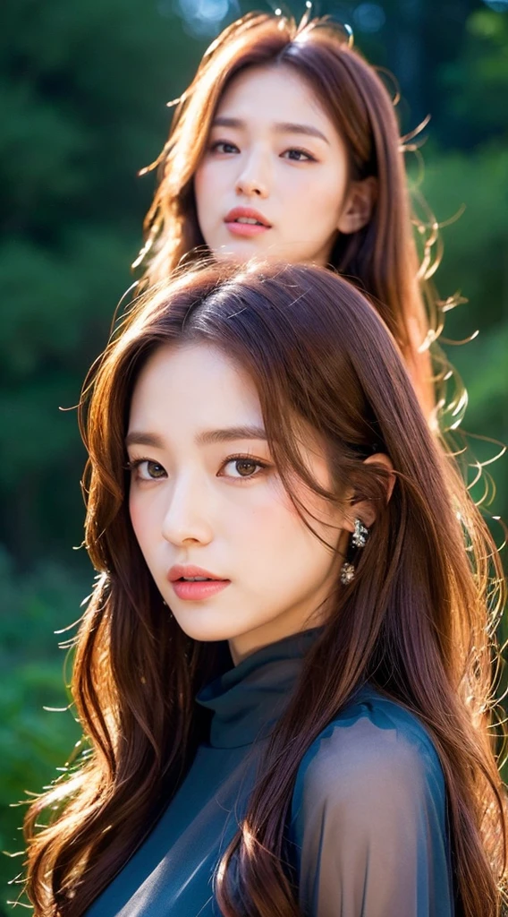 ((Mystical Night, Highest quality, 8K resolution, A true masterpiece:1.3)), A young woman with an elegant appearance, Graceful posture:1.2, Sparkling beauty with a captivating aura:1.4, Perfect facial symmetry:1.1, ((Flowing auburn hair)), (Elegant Dresses, Stand calmly:1.2), ((Magical forest background, Under the moonlit sky:1.3)), Meticulously crafted facial and skin details, Captivating eyes.