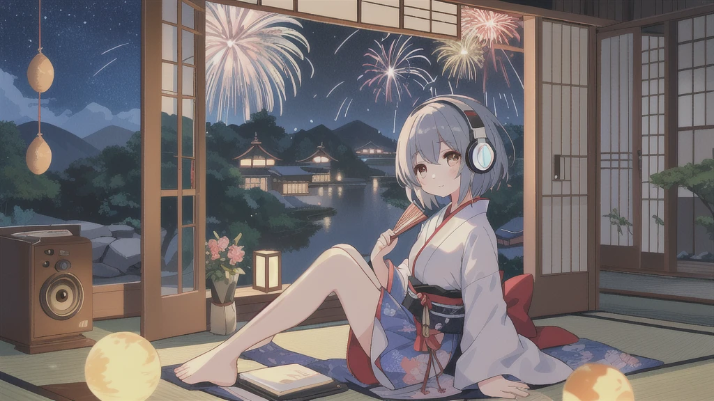 A young girl sitting by the window in a room, holding a fan and listening to music on headphones、Wind chimes in the window。Outside the window、Fireworks are spreading out under the stars。Capture the beauty and serenity of this scene、Moonlight Flower々。Summer in Japan。