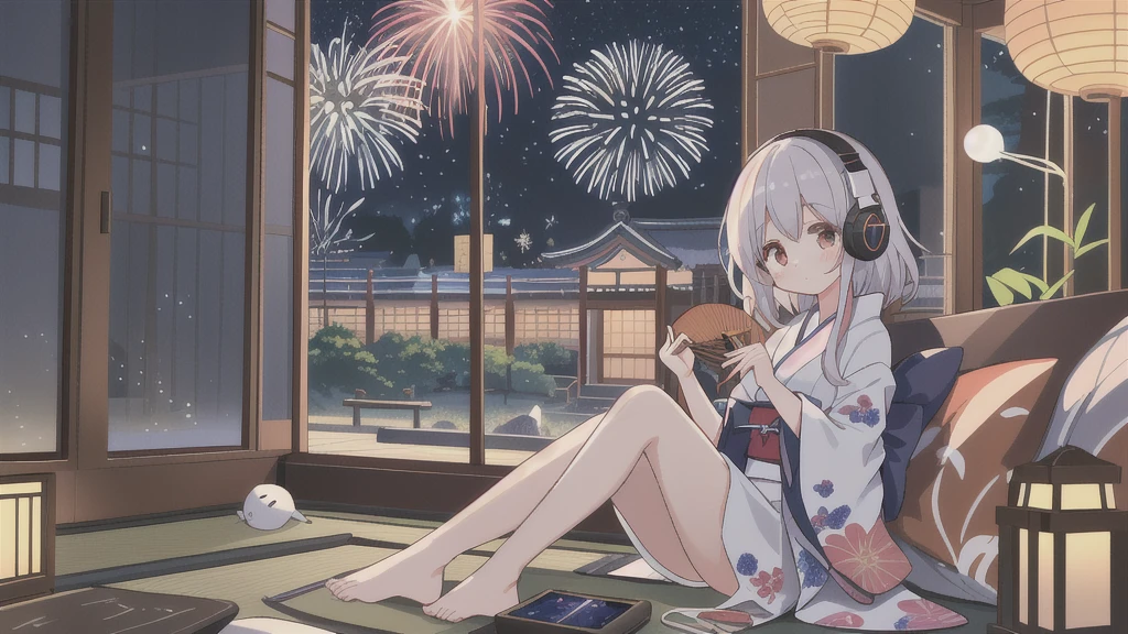 A young girl sitting by the window in a room, holding a fan and listening to music on headphones、Wind chimes in the window。Outside the window、Fireworks are spreading out under the stars。Capture the beauty and serenity of this scene、Moonlight Flower々。Summer in Japan。