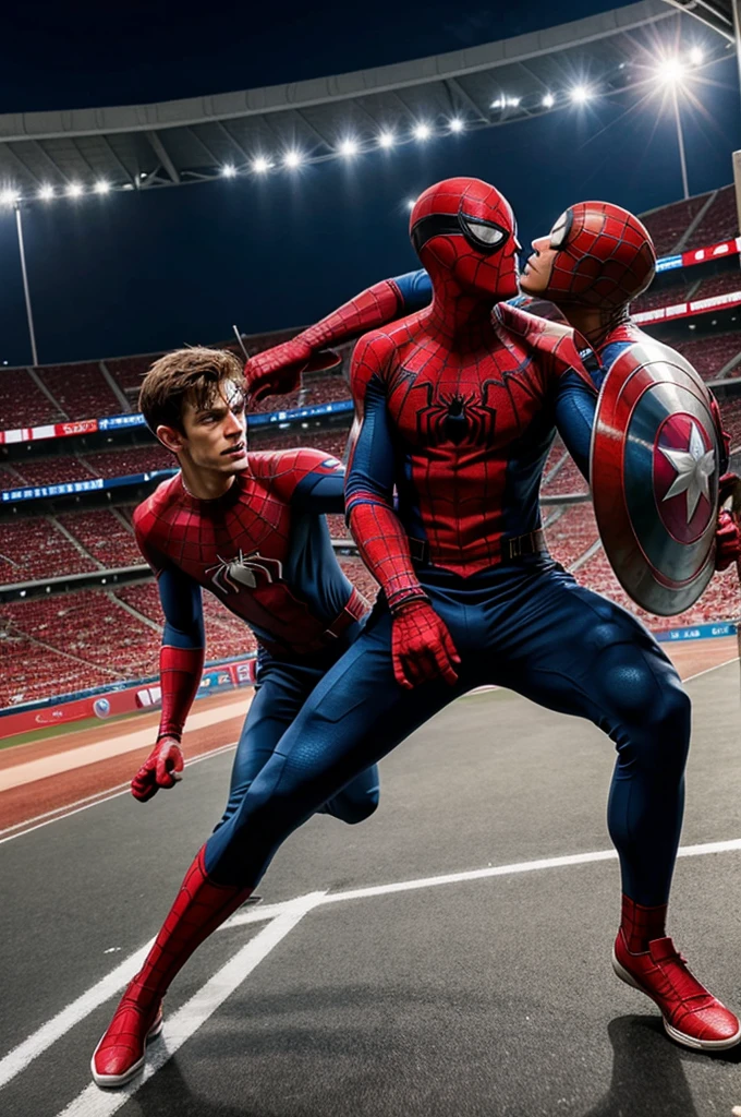 Spiderman and captain America fight in cricket stadium