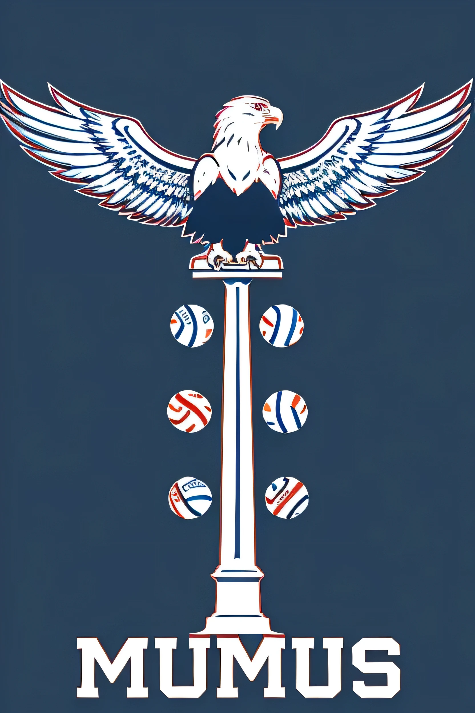 Prompt for a volleyball team logo featuring a monument as the main element, decorated with subtle volleyball motifs and eagles on top, using a blue and red color palette that reflects the team&#39;s unified spirit