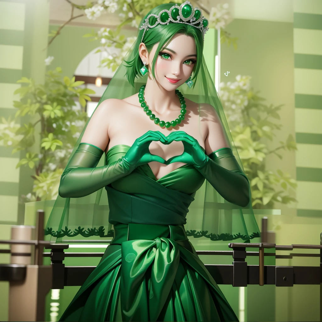 Emerald tiara, Green Pearl Necklace, ボーイッシュな非常に短いGreen Hair, Green Lips, Smiling Japanese woman, Very short hair,  beautiful lady, Green Eyes, Green satin long gloves, Green Eyes, Emerald Earrings, Green veil, Heart with both hands, Heart shaped hands, Green Hair, Beautiful Japanese Woman, green lip gloss
