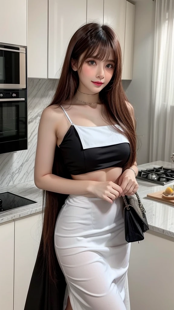 Aarav woman in black and white poses in a luxurious kitchen., Long hair, bangs, beautiful maid, ชุดmaid, maid, ชุดmaid, สวมชุดmaid, ชุดmaid, sexy girl, Thai maid, , อะนิเมะสาวในชุดmaid, Thai model, สาวใช้เซ็กซี่ในป่ามหัศจรรย์สวมชุดชั้นในจีสตริงลายลูกไม้สุดเซ็กซี่ชุดชั้นในจีสตริงลายลูกไม้ริน สวย หุ่นดี นางแบบ หน้าอกใหญ่ ยิ้มสวยมาก สาวไทย Thai model โมเดลไทย กราเวียร์ไอดอล