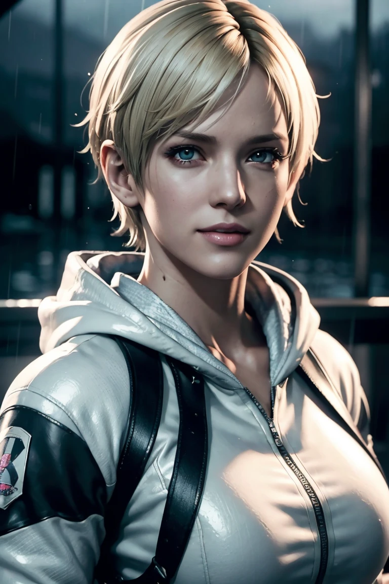 Resident Evil 6,Shelley,Short Hair,Blonde Hair,White hoodie,Cold protection,neck warmer,Photorealistic,Ultra HD,high quality,masterpiece,Digital SLR,Detailed details,Intricate details,Anatomical basis,Depicted in detail,A detailed face,Realistic skin texture,Vivid details,Perfect Anatomy,Perfect Anatomy,Anatomically correct hand,Anatomically correct fingers,Super Detail,Complex 3D rendering,Sexy pose,Rainy Sky,Beautiful scenery,Fantastic rainy sky,Picturesque,Pink Lips,smile,